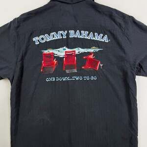 Tommy Bahama Silk Button Up Shirt Size M Black One Down Two To Go Embroidered